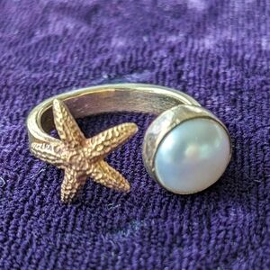 Vintage 14K Gold Plated Tropical Ring With Star fish And Natural White Pearl